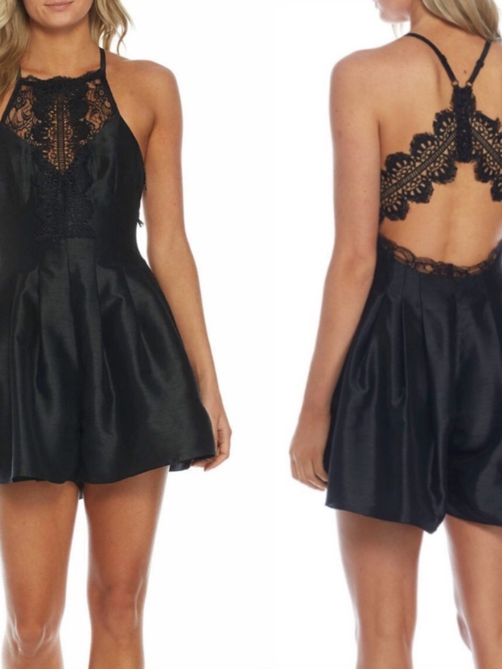 Free People Black Lace-Back Satin Romper